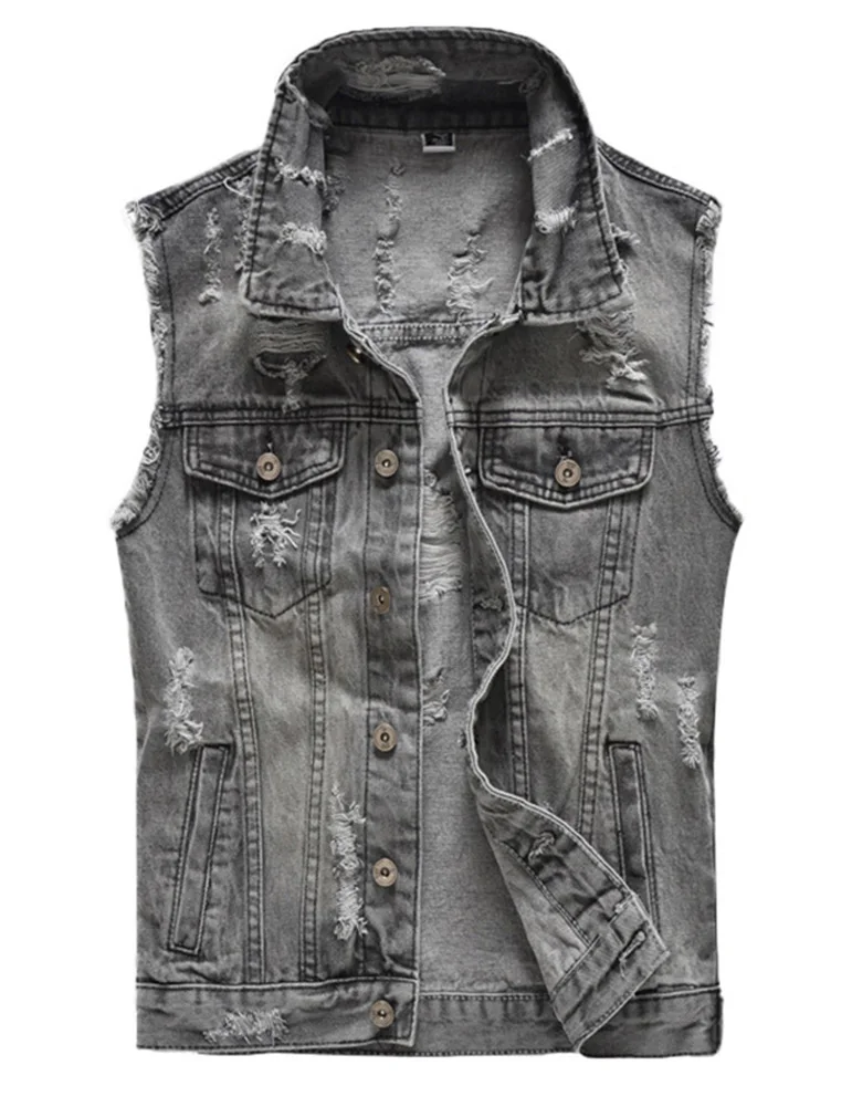 

New Stylish Cool Men`s Denim Vest Vintage Ripped Waistcoat Distressed Solid Grey Sleeveless Jeans Jacket For Men