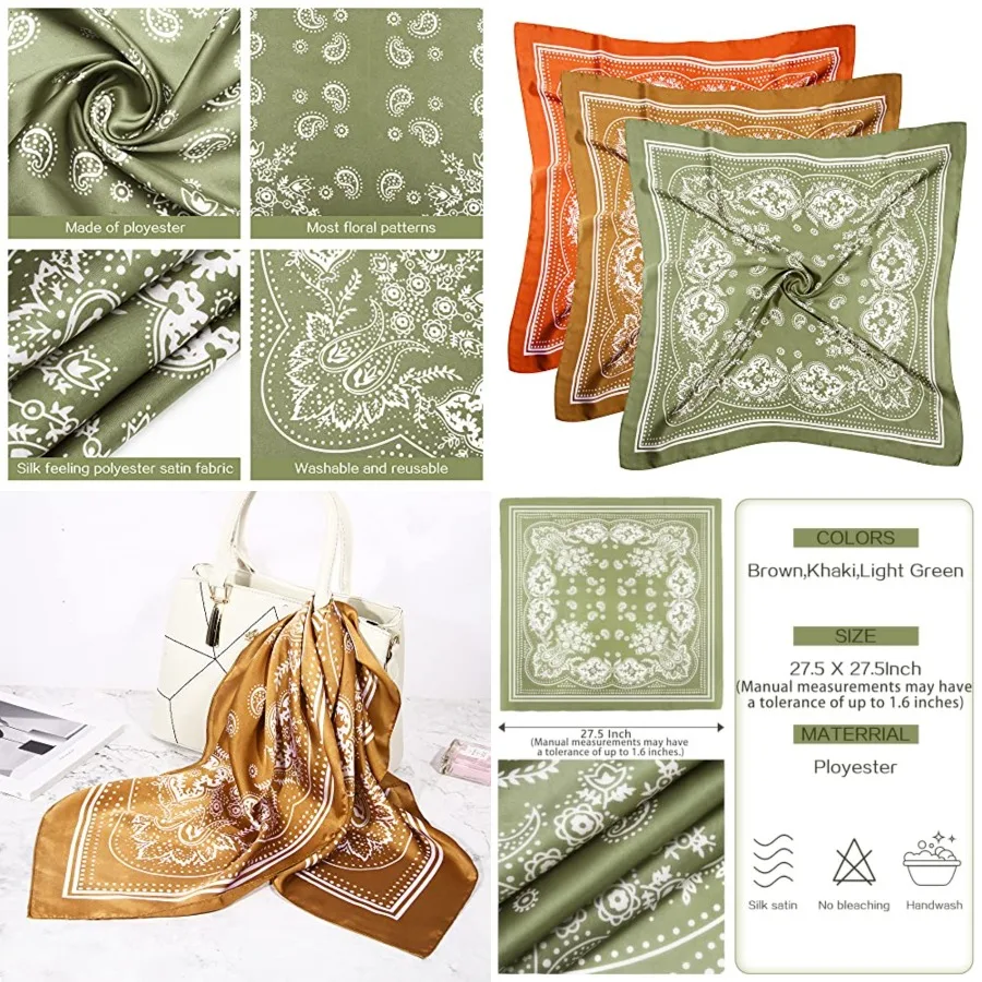 3 Pcs 27.5 Inches Satin Head Scarf Hair Scarf Silk Head Scarf Silk Bandana Silk Hair Wrap Neck Scarf for Women Girls, Light Green,yellow,orange