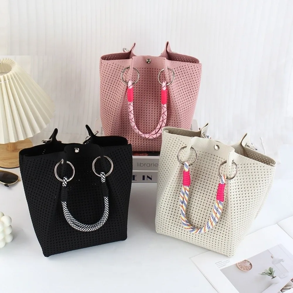 

Fashion Soild Color Knitted Bucket Bag Large Capacity Woven Ring Buckle Wrist Bag Handmade Handbag For Women Girls