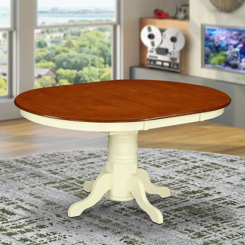 Kitchen Dining Table KET-WHI-TP Kenley  - an Oval Wooden Table Top  Butterfly Leaf &Pedestal Base,42x60 Inch,Buttermilk & Cherry