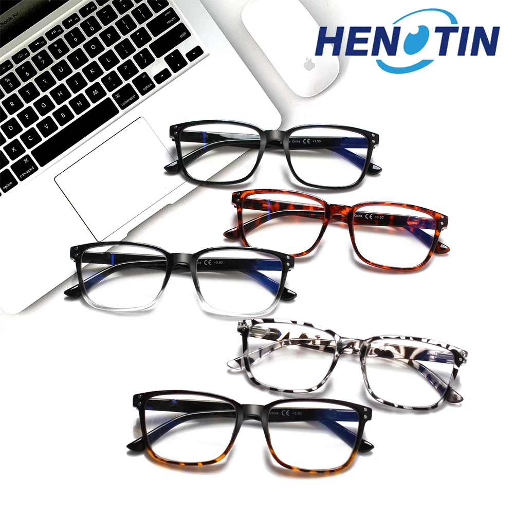 Henotin 5 Pack Reading Glasses Anti Blue Light Spring Hinge Men and Women Computer Eyeglasses Decorative Eyewear 0~400