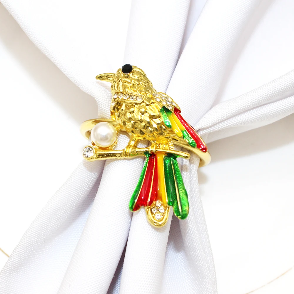 8Pcs Dvianna Bird Napkin Rings, Gold Enamel Hummingbird Napkin Holders with Pearl & Crystal for Tropical Wedding Table Decor