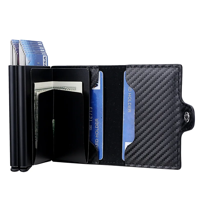 2026 New Double Layer Aluminum Card Box Men's Wear Resistant PU Leather Automatic  up Card Holder Carbon Fiber Pattern Wallet