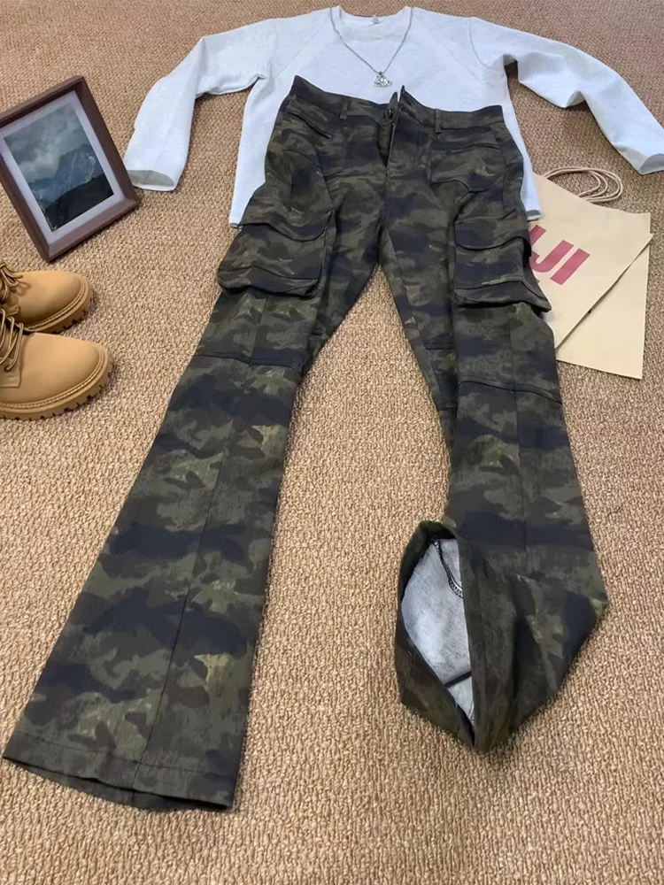 

Мужские камуфляжные джинсы, облегающие брюки-клеш со средней талией, американский ретро-нож, повседневная модная молодежная трендовая осенняя одежда