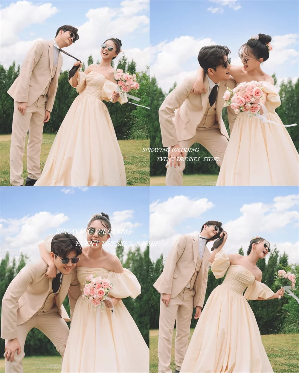 SPRAYING Simple taffetas une ligne longues robes de mariée corée séance Photo sans bretelles manches bouffantes robes de mariée Corset personnalisé 2026