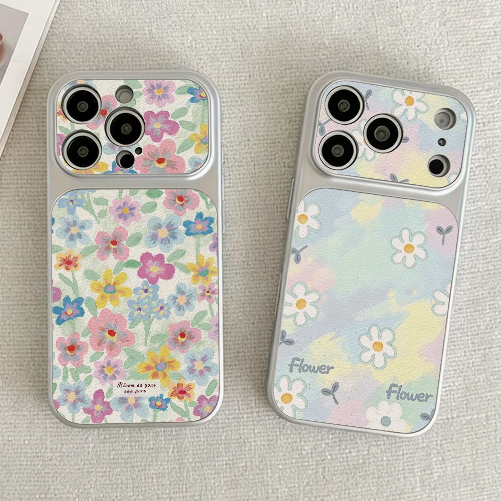 Bunte Blumen-Leder-Handyhülle für iPhone 17 16 Pro Max 14 11 15 12 13 Pro Max Stoßfeste Weiche Silikonhülle mit Trageriemen