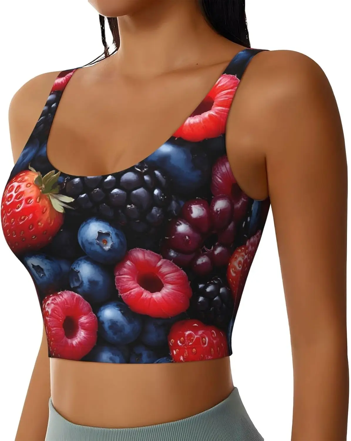 Berry-Print Sleeveless Crop Top U Back Longline Sports Bras for Women Yoga Workout Crop Top Eye-Catching Charm