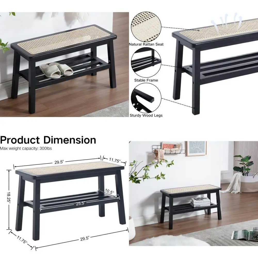 30 Inch Farmhouse Style Rattan Wood Bench with Shoe Storage for Entryway and Dining Area