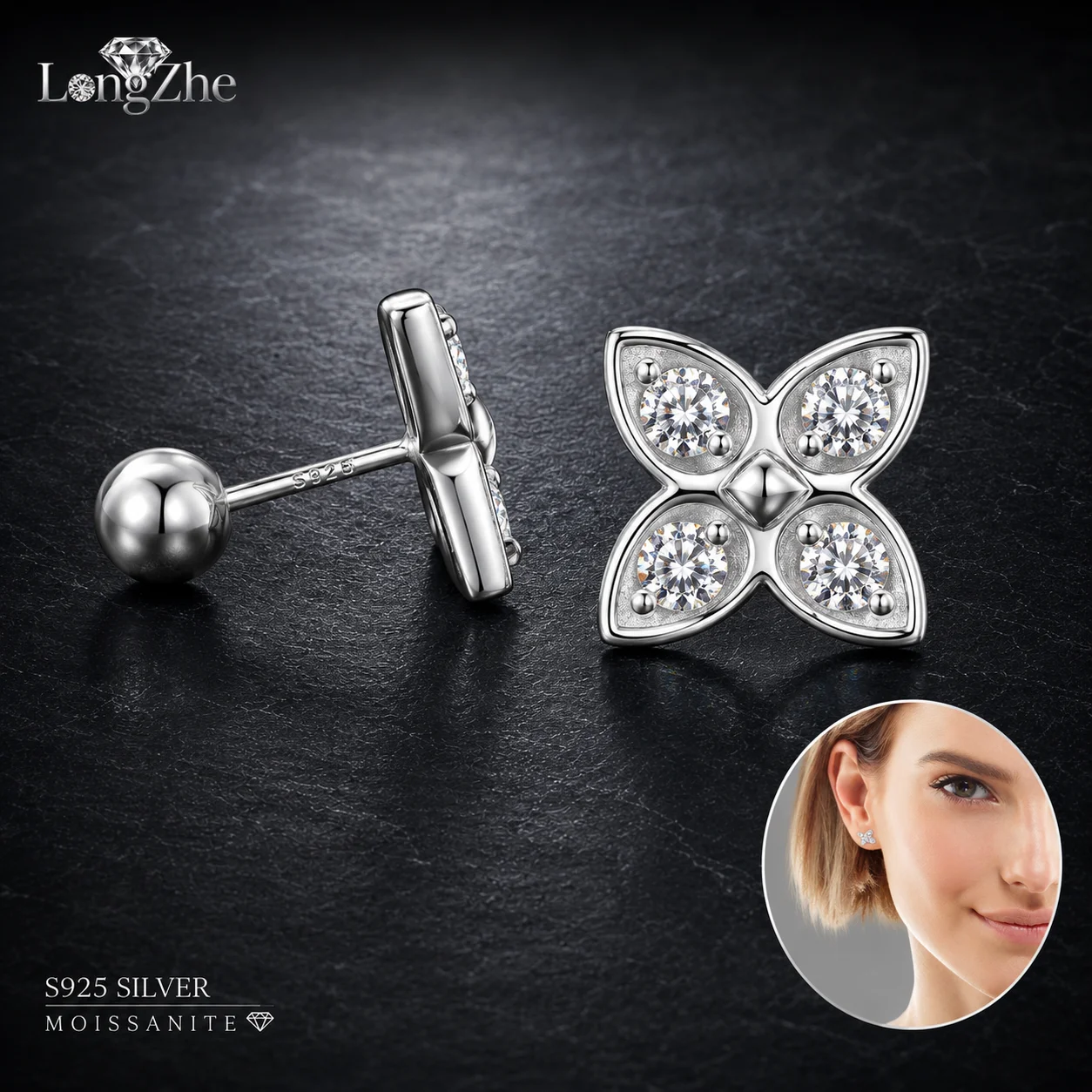 LongZhe S925 Silver Moissanite Four Leaf Clover Stud Earrings 0.8CT 3mm D Color Diamond Tester Passed Women Gift Fine Jewelry