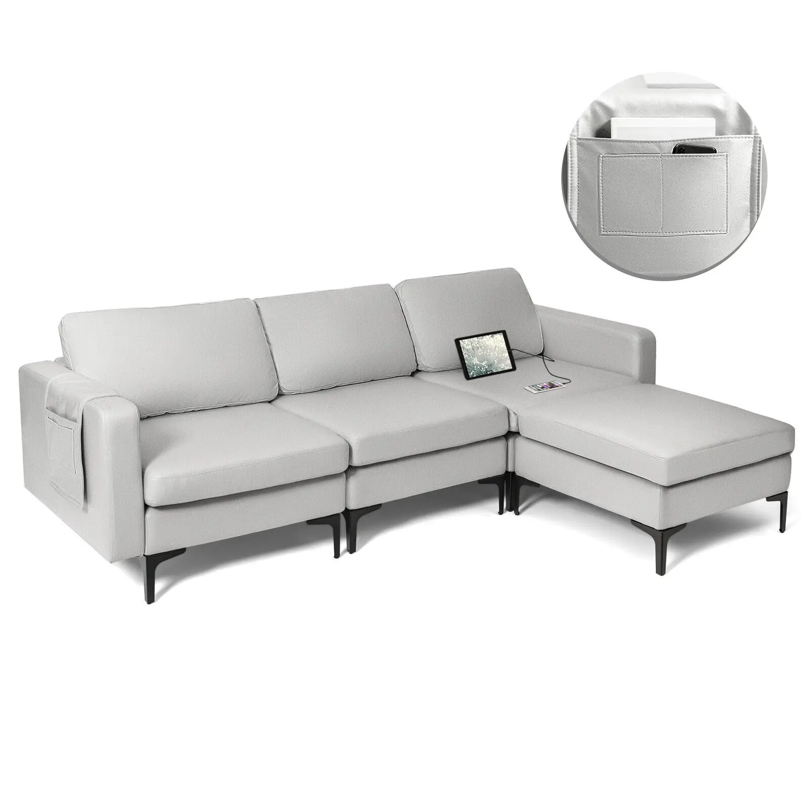 

Costway Modular L-shaped Sectional Sofa w/ Reversible Chaise & 2 USB Ports Light Grey