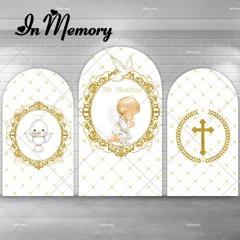 

God Bless Baptism Chiara Arch Backdrop Cover Gold Cross Angel Baby Shower Background Photography Photobooth Double-sided