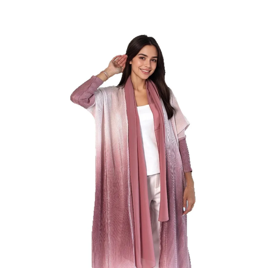 

Элегантный мусульманский кардиган из полиэстера с градиентом, халат Абая, элегантный плиссированный свободный крой для повседневной носки, весна-осень-лето, абайи