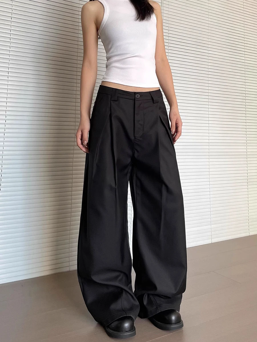 Reddachic feminino plissado frente vestido calças cleanfit preto bolsos lisos baixo aumento largo casual terno calças trabalho roupas de verão