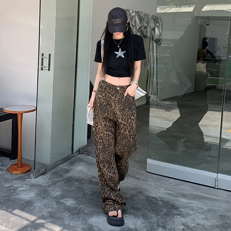 Leopard Printed Jeans Women High Street Design Sense Loose Thin High Waist Straight Leg Versatile Fashion Denim Pants Female