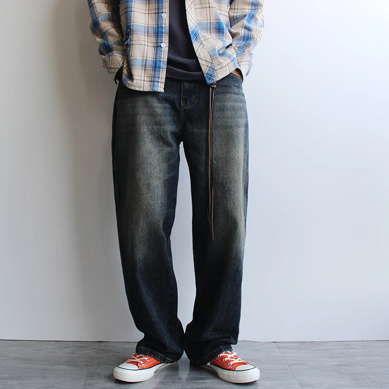 

Autumn Loose Fit Men's Jeans Straight-Leg Dark Wash Large Size Vintage American Style Casual Denim Pants for Fall and Winter