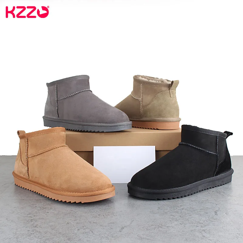 KZZO Size 38-48 Australian Real Sheepskin Men's Snow Boots Natural Fur Wool Lined Casual Mini Short  Winter Non-slip Warm Shoes