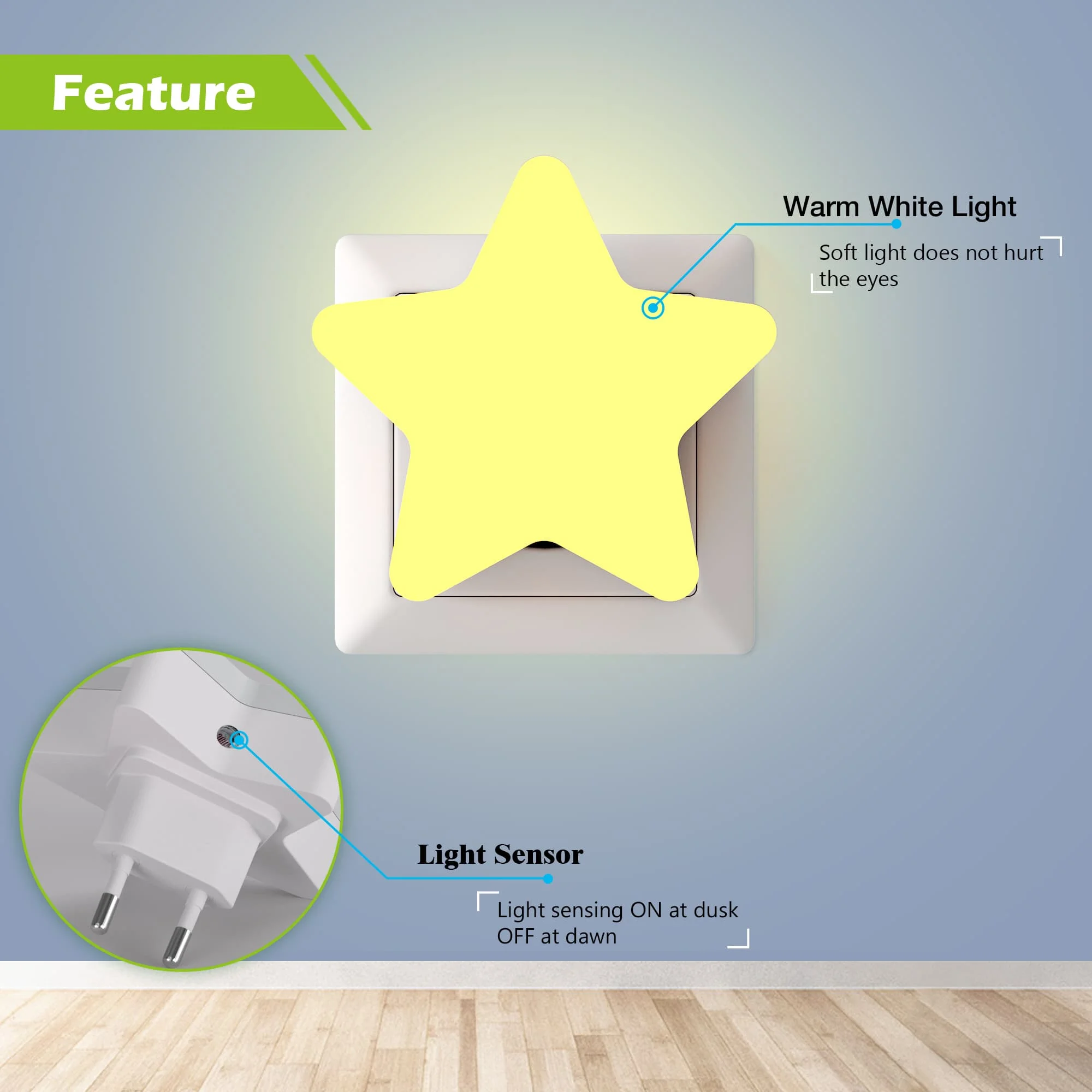 Veilleuses en forme d'étoile capteur de lumière LED veilleuses brancher marche/arrêt automatique pour enfants chambre escalier couloir tête de lit lampes de nuit