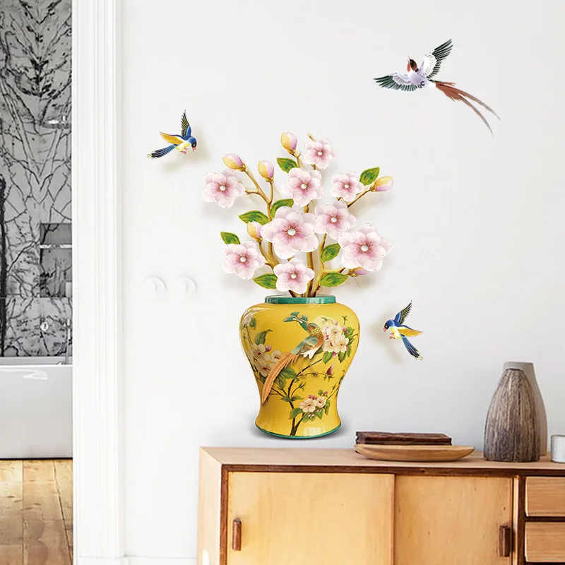 3D Large Vase Wall Sticker Lotus Flower Decal Self-Adhesive Strong Stickiness Waterproof PVC Sticker Wall Art Decoration