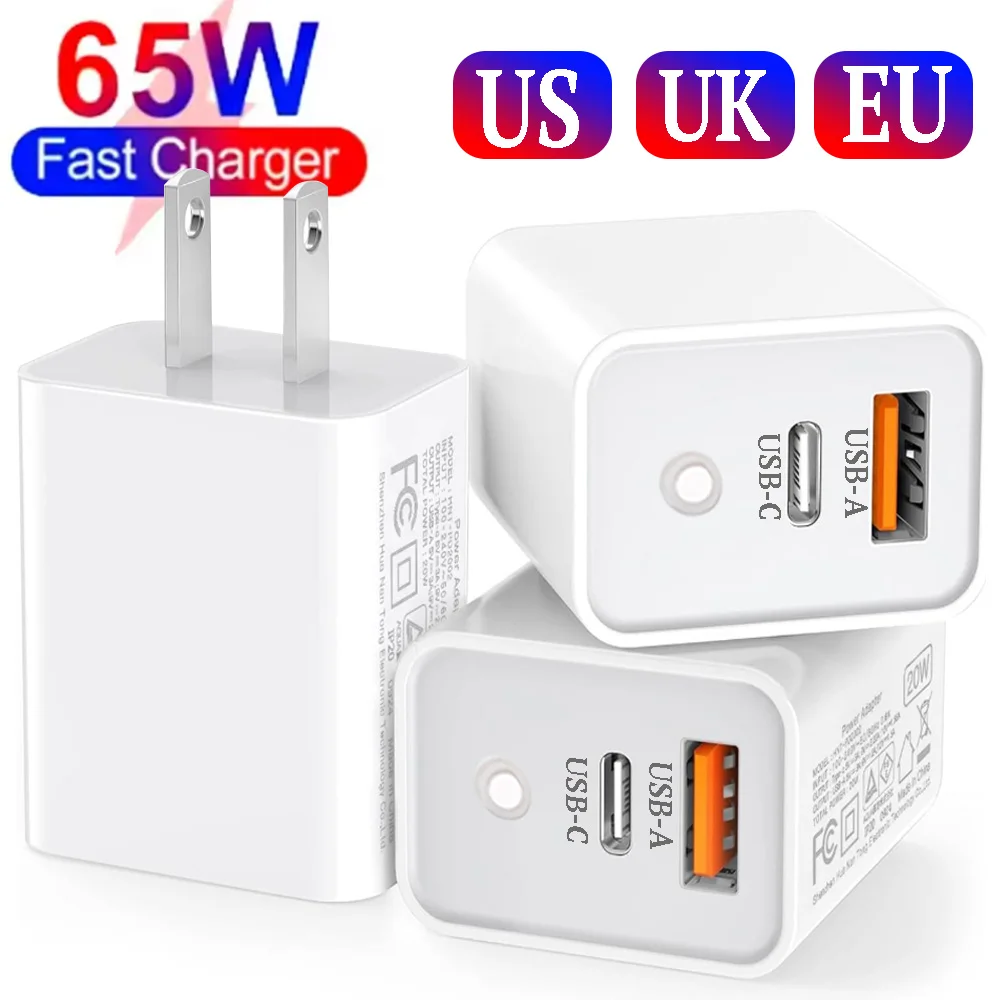 

Быстрое зарядное устройство 65 Вт, зарядное устройство PD типа C, быстрая зарядка USBC, USB A, адаптер питания для мобильного телефона, вилка стандарта ЕС/США/Великобритании для IPhone Samsung Oneplus