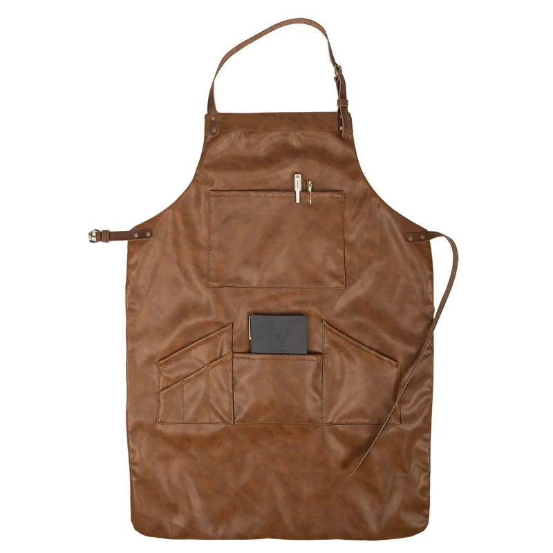 Brown Black Microfiber Pu Leather Apron Work Shop Aprons With Pockets Working Uniform For Barista Bar Artisan Gardener Cooking