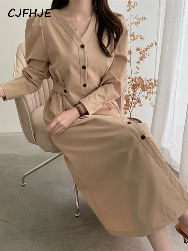 Cjfhje schwarz elegante Dame Hemd Kleid Vintage Puff Ärmel koreanische Mode Frauen Kleider schicke Khaki V-Ausschnitt lange Kleider weiblich y2k