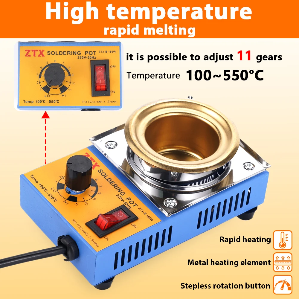 EU Plug 160W Adjustable Temp Soldering Pot 100-550°C Titanium Plated 500g Melting Furnace with Tweezers Scraper Rosin for Solder