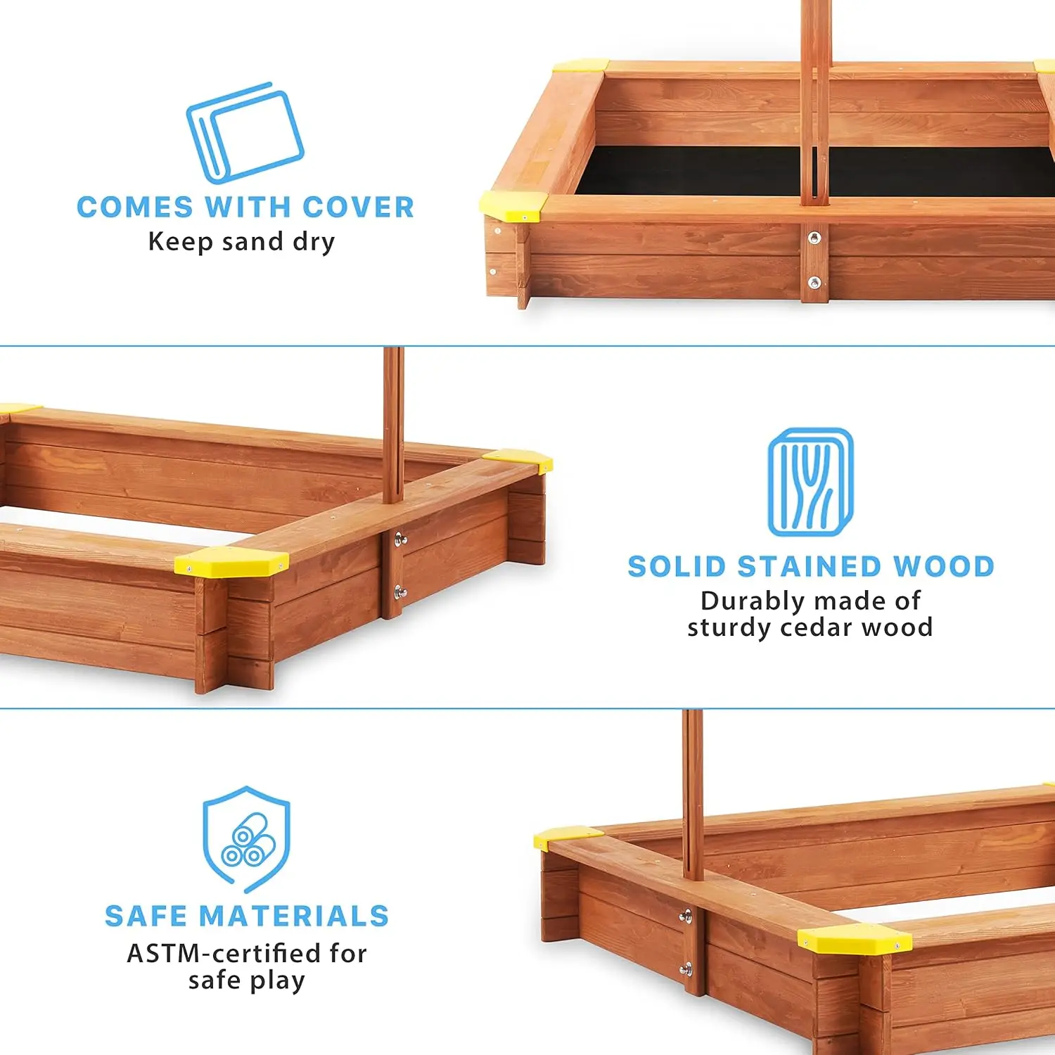 Sandbox per bambini con coperchio, sabbiera da esterno in legno da 46 ''x 46'' con baldacchino regolabile per il gioco in cortile