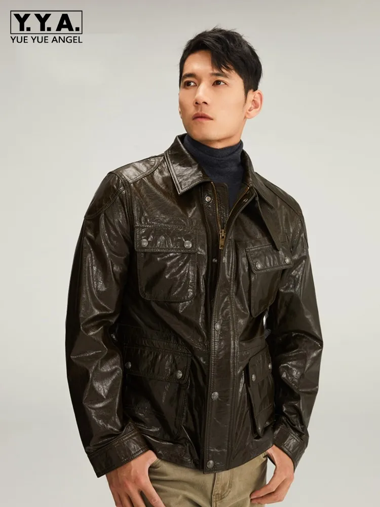 Vintage Mens Autumn Winter Cowhide Genuine Leather Jacket Multi Pockets Windproof Outwear Coat Motorcycle Biker Slim Fit Jacket
