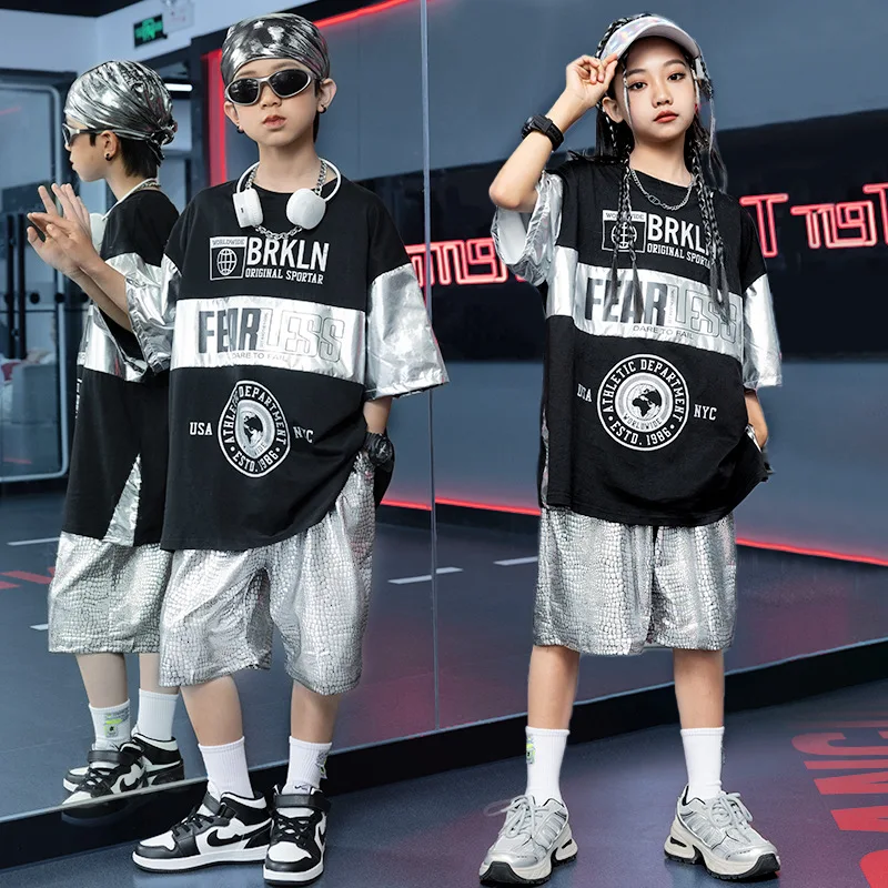 [15-70KG]Kids Alphabet Loose T-Shirt Set Boy Hip Hop Street Dance Set Girl Japanese and Korean Trend Street Style Suit