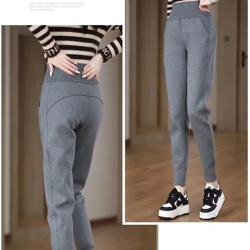 Women's Autumn Winter Drawstring Pockets Flocking Elastic High Waist Solid Casual Sports Haren Loose Trousers Fashion Pants