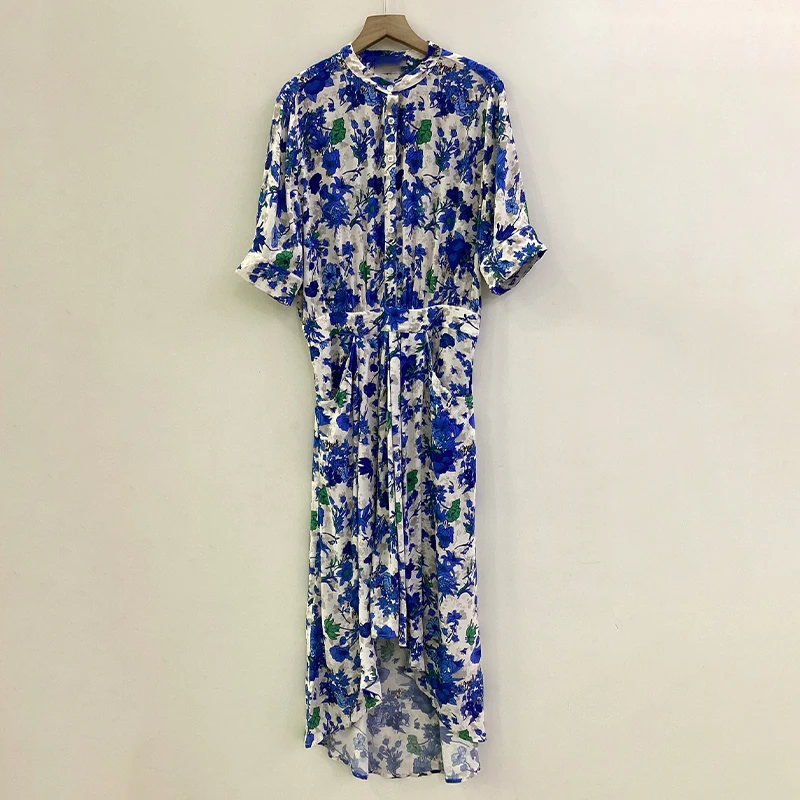 

Zadig Sexy Robe Woman Elegant Blue Summer Long Dresses Chic Floral Print Casual Robes Female Half Sleeve Button Party Dresses