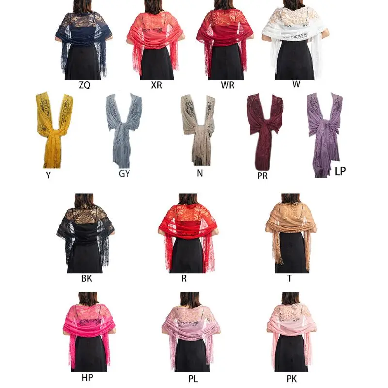 185x63cm Wanita 1920-an Syal Membungkus Hollow Keluar Renda Bunga Rumbai Rumbai