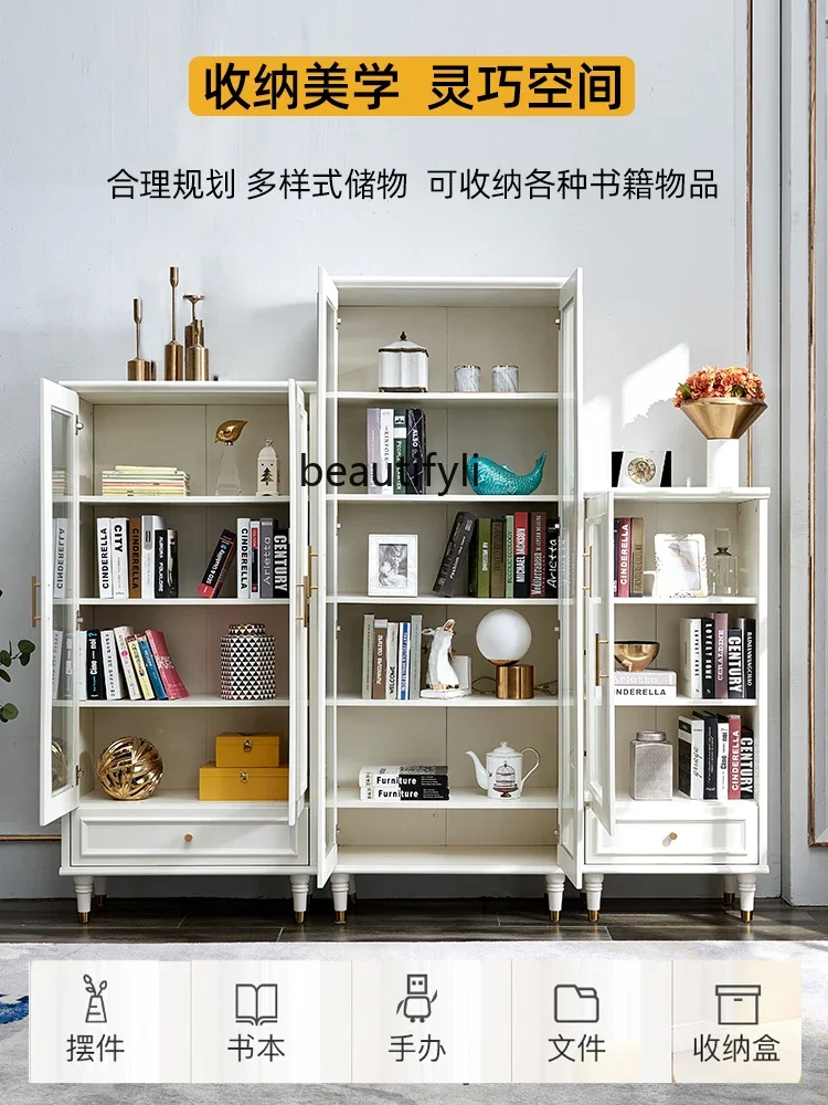 

Американский книжный шкаф, шкаф для хранения из цельного дерева со стеклянной дверью, пылезащитный шкаф-витрина, книжная полка для дома, гостиной, пол белого цвета