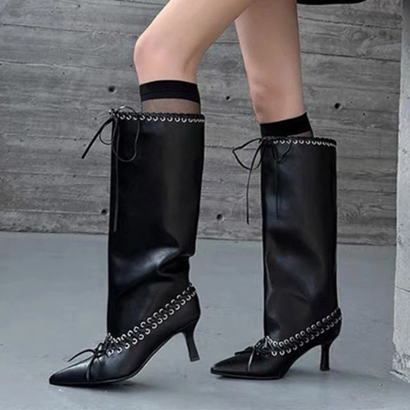 Designer Women High Heels Long Boots Pointed Toe Knee High Lace Up Shoes 2026 New Pumps Goth Trend Winter Chelsea Mujer Botas