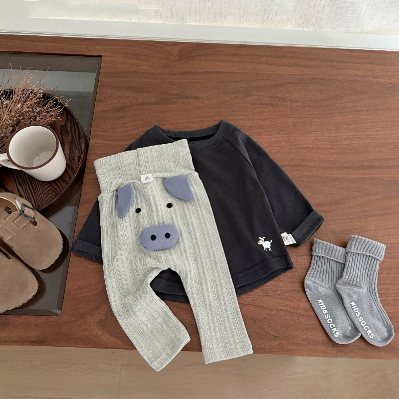 

2025 Autumn New Baby Cute Pig Pattern Soft High Waist Anti Cold Knitted Solid Color Leggings