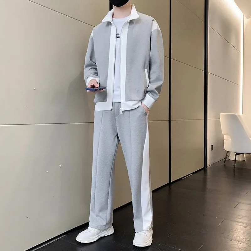 

Весенне-осенний новый мужской спортивный костюм с цветовыми блоками: стильный повседневный комплект из худи и брюк