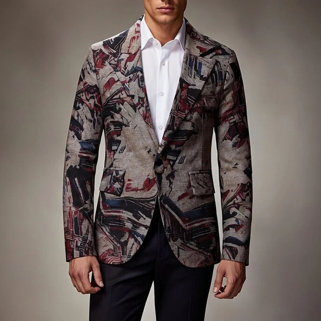 

Пиджак мужской с цветочным принтом, Модный приталенный Блейзер с V-образным вырезом, на одной пуговице, деловой пиджак в винтажном стиле