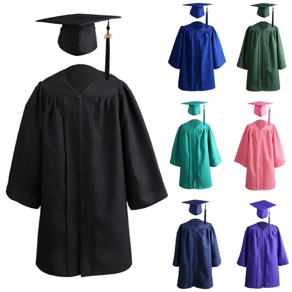 Kids Academic Dress Solid Color Zip Closure Kindergarten Graduation Gown Tassel Cap School Uniforms Kids Graduation Gown & Hat