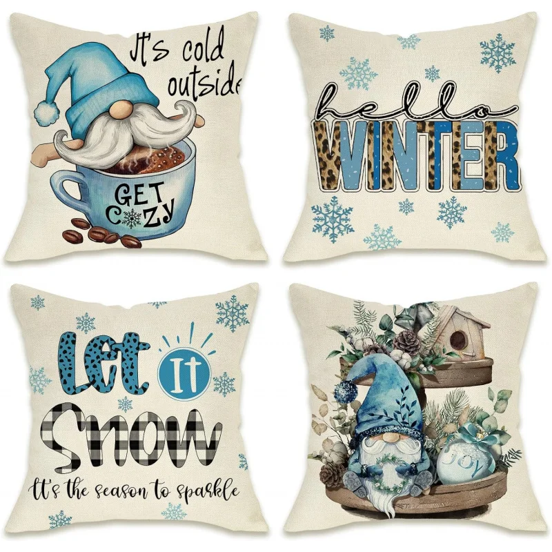 Winter Blue Dwarf Decorative Pillowcase 18 x 18 Set, 4 Outer Cold Snowflake Coffee Panther Hugging Pillowcases