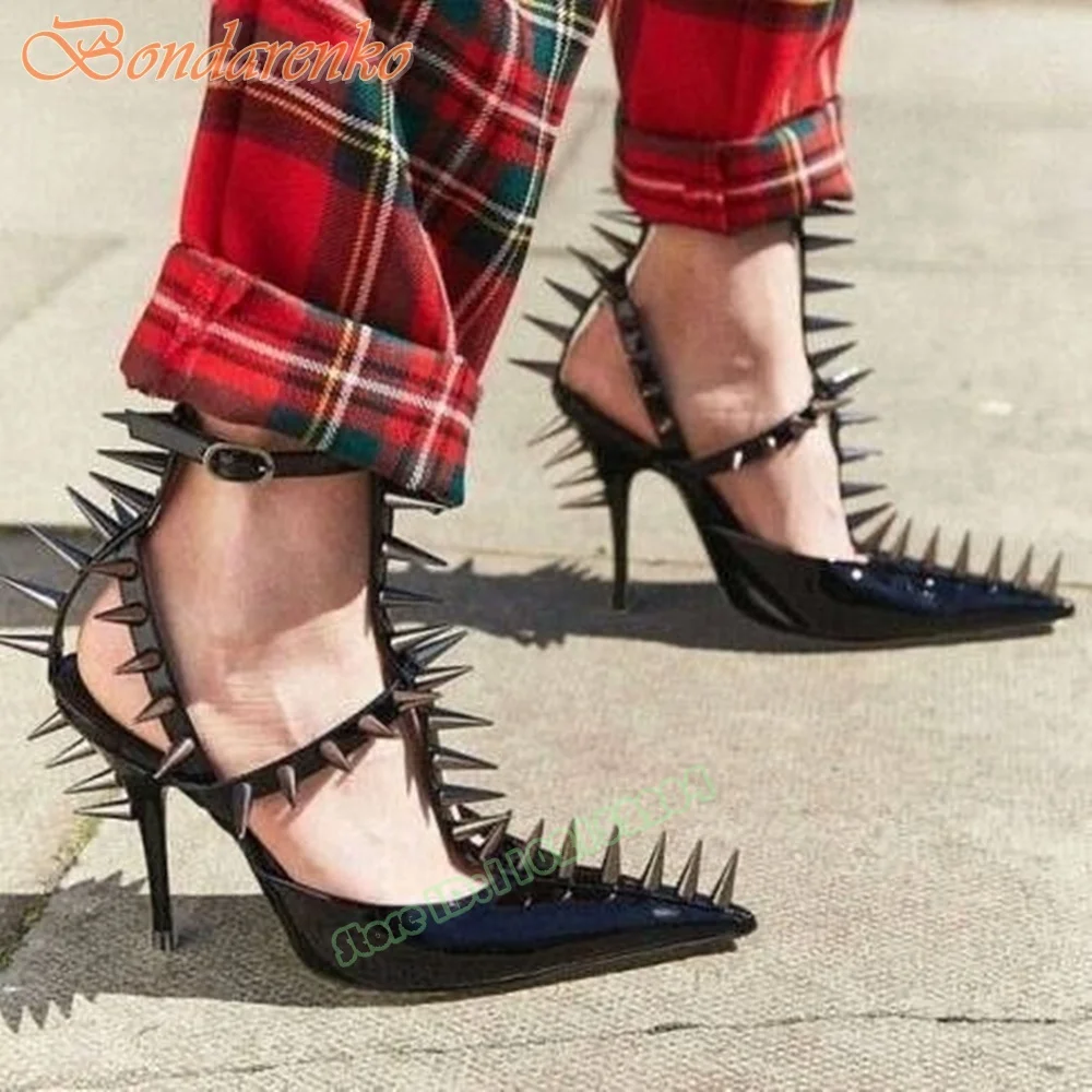 New Style Rivets Sandals Straps Pointy Stiletto Heels Solid Fashion Runway Sandals Women Summer Designer Buckles Shoes Leather