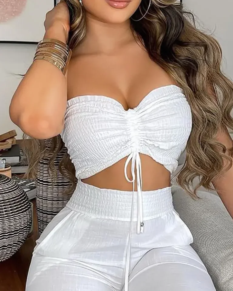 Zweiteiliges Set für Damen, Outfit, 2024, Sommermode, Kordelzug, Bandeau, ärmelloses Crop-Top und lässige, geraffte Hosen-Sets mit hoher Taille