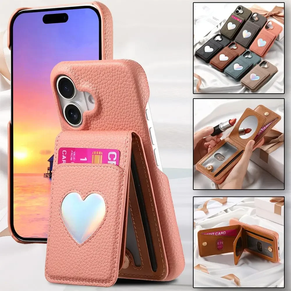 

Magnetic Flip Card Case With Built In Mini Mirror Phone Cover For iPhone 16e 15 Pro Max 14 Plus 13 12 Pro 11 XS Max XR 6 7 8Plus