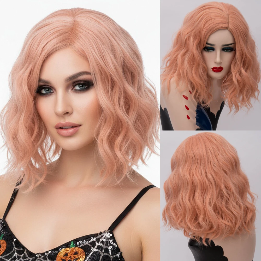 Cosplay Lovers’ Short Wavy Orange Pink Wig Middle Line Part Heat Resistant Synthetic Hair for Women
