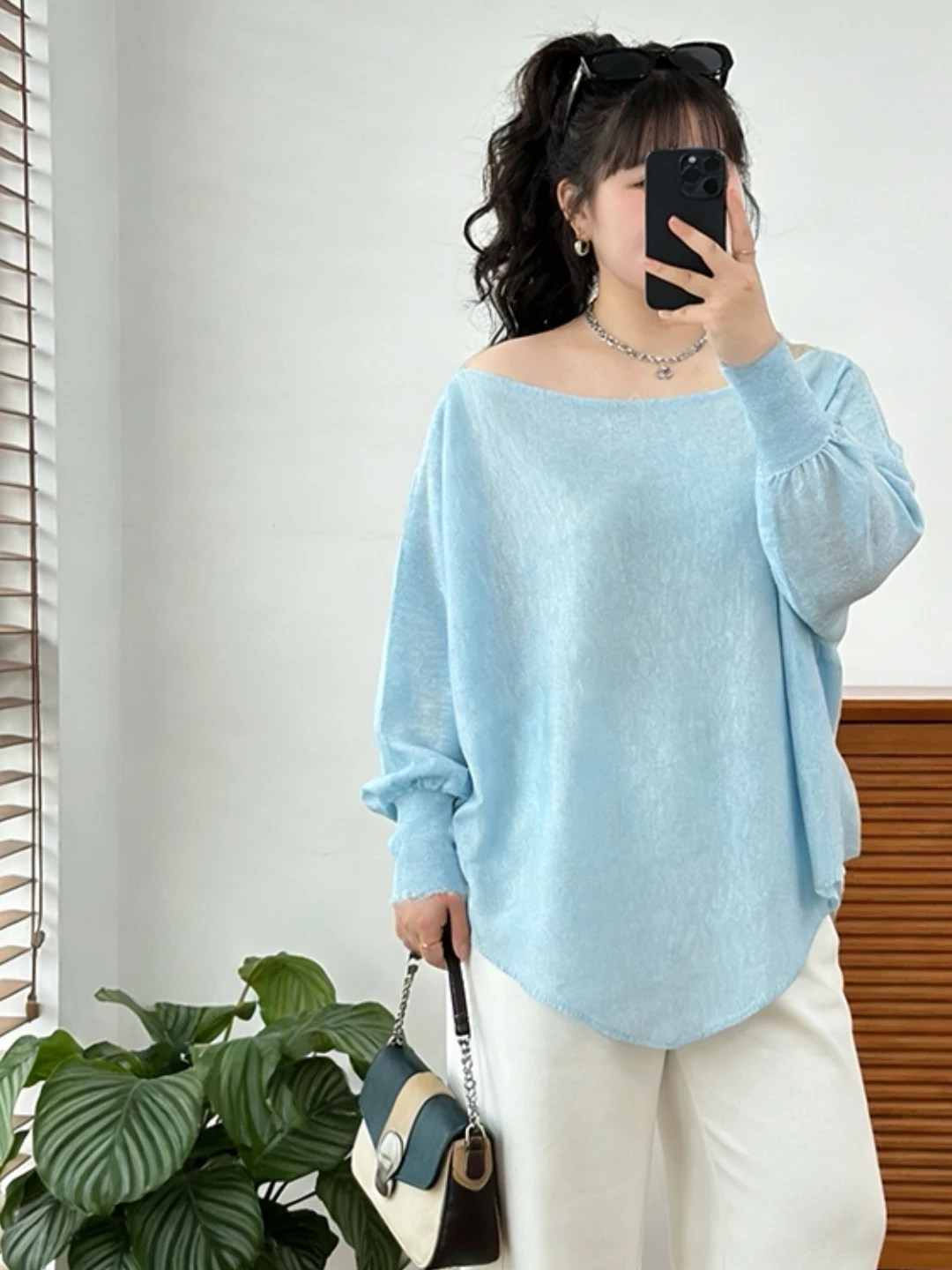 Slimming Large Size Knitted Base Shirt Shoulder Bared Long Sleeve Asymmetrical Loose Cover Belly Top for Women Commute Style