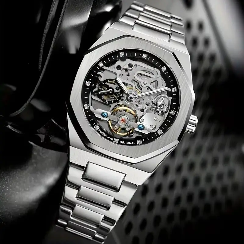 Men's Luxury Automatic Mechanical Watch, Unique and Stylish Hexagonal Frame Design, Stainless Steel Strap, Perfect Gift for Him, Luxury Men's Watch | Fashionable Wrist | Transparent Dial, No Batteries Required