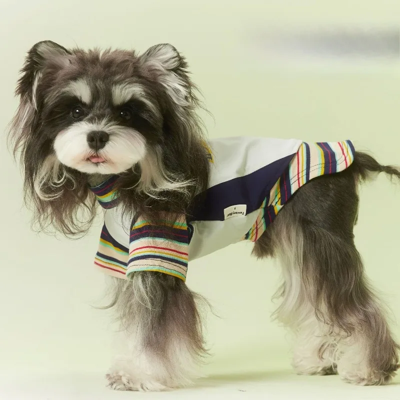 American Style Contrast Striped Fake Two-piece Dog T-shirt Spring Summer Puppy Clothes for Teddy Schnauzer Bichon Frise