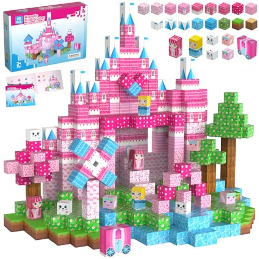 

150PCS Magnetic Blocks, Magnet Building Cube Toy, Build 3D Pink Set for Girls, Montessori Sensory Toys for,STEM Educational Toy
