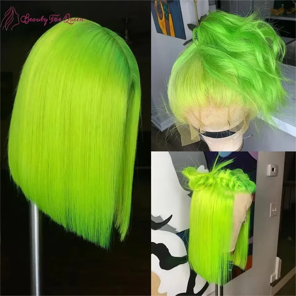 Peluca Bob corto de cabello humano verde lima, encaje frontal 13X4, densidad del 180%, tiene una peluca que te hace que el coraje para iniciar sobre el cabello de ángel