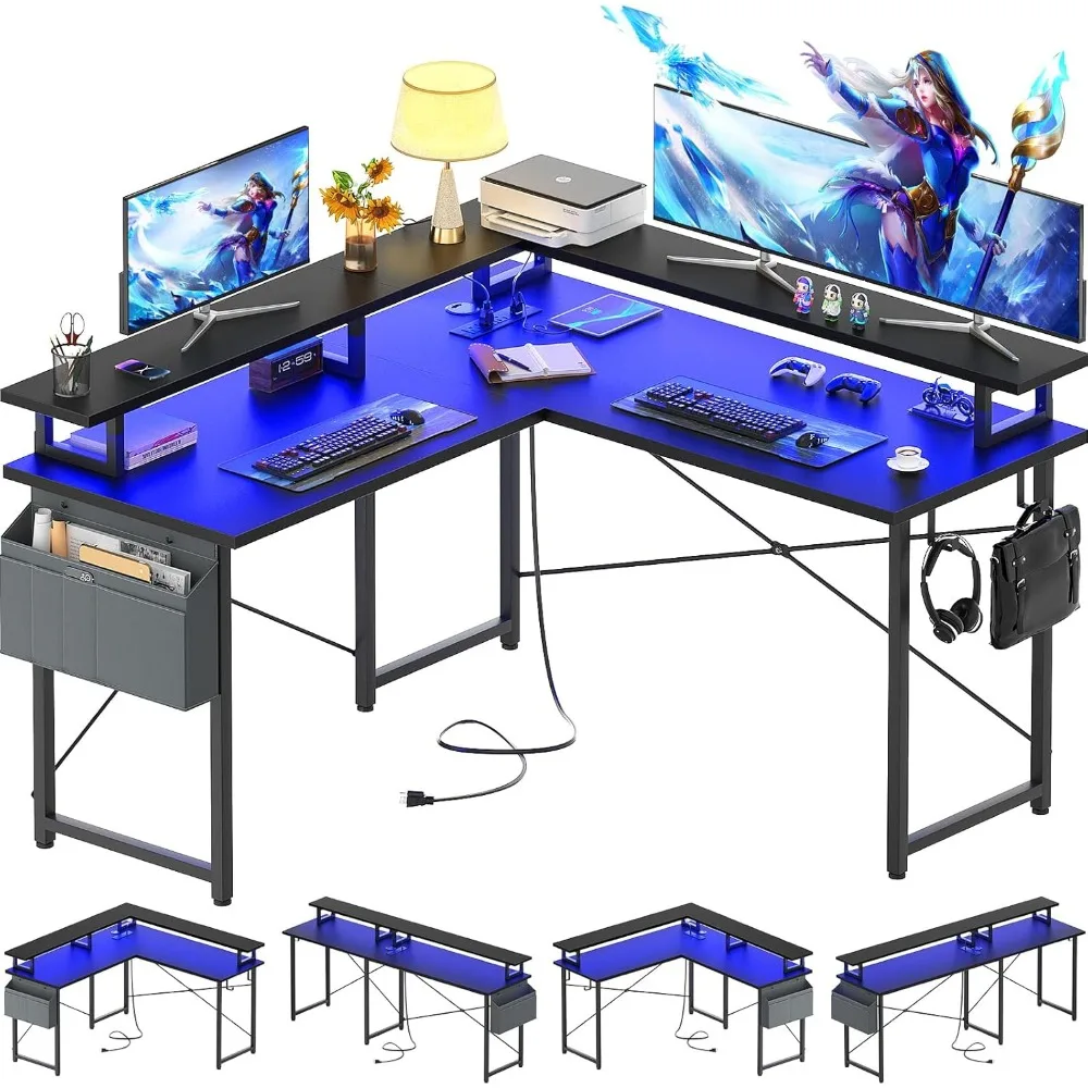 L Shaped Computer Desk with Power Outlets, Gaming Desk L Shaped with LED Lights, Corner Desk with Storage Shelves, Work  Desk