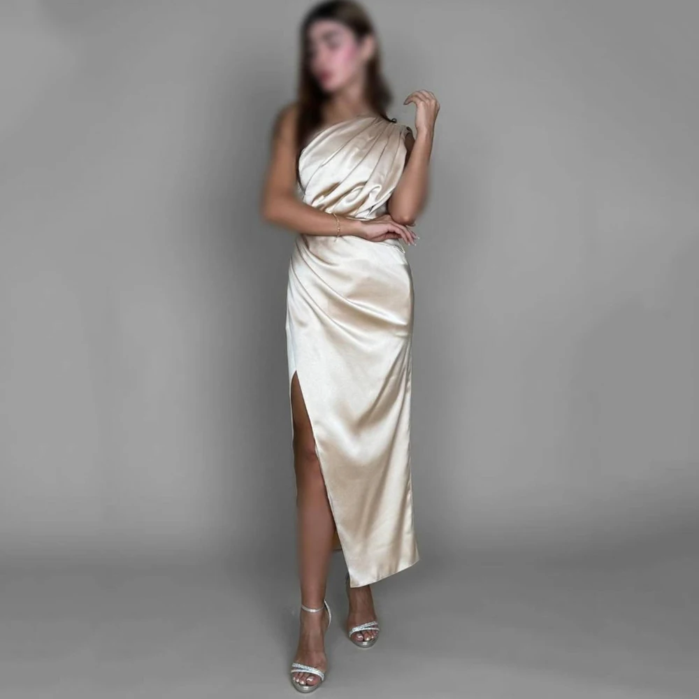 

Customized Jiayigong Simple and Elegant Satin Evening Dresses One-Shoulder Pleata Sparkly Straight Ankle Length Draped Sexy Gala